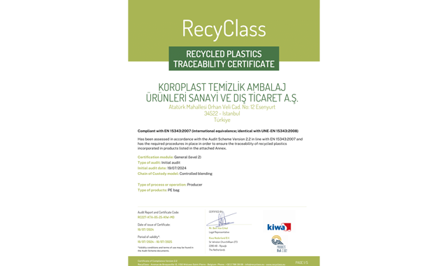 Koroplast, RecyClass Traceability sertifikası aldı