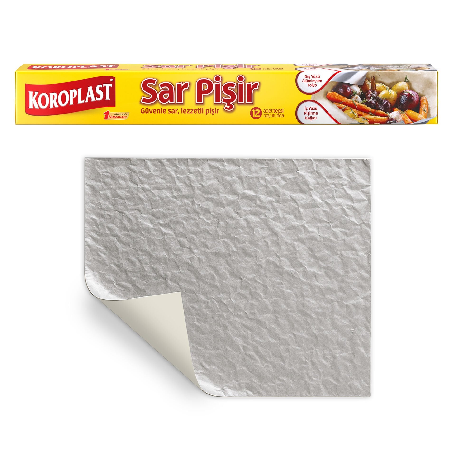Koroplast Sar Pişir 12'li , Yanmaz & Yapışmaz, İçi Pişirme Kağıdı Dışı Alüminyum Folyo, Et Tavuk Balık Pişirme, Eşit Isıda Pişirir