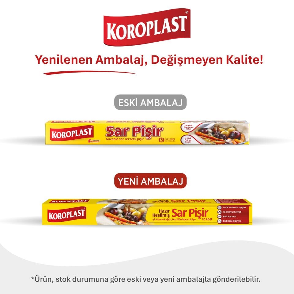Koroplast Sar Pişir 12'li , Yanmaz & Yapışmaz, İçi Pişirme Kağıdı Dışı Alüminyum Folyo, Et Tavuk Balık Pişirme, Eşit Isıda Pişirir
