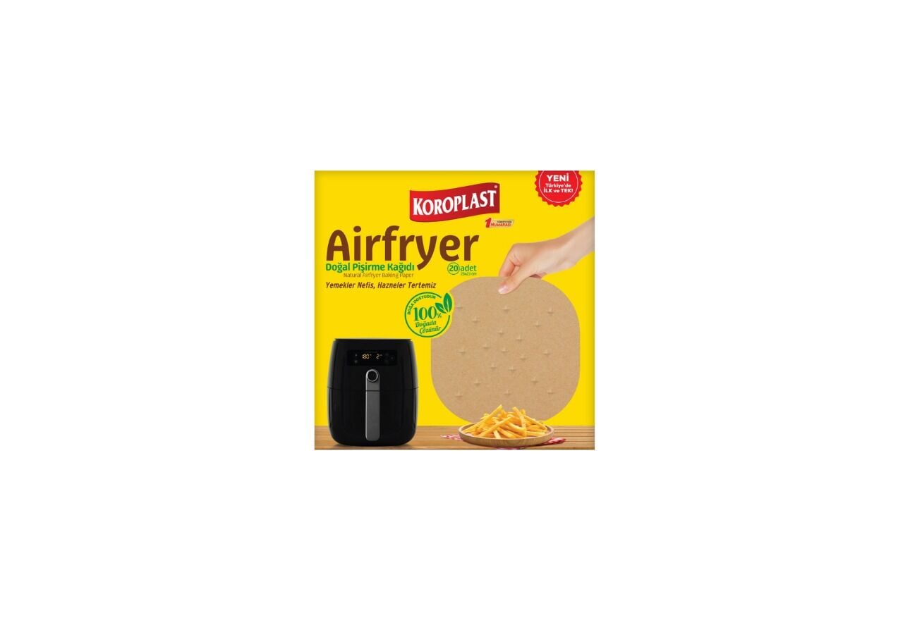 Koroplast Doğal Airfryer Pişirme Kağıdı 20'li, Ağartılmamış, Yanmaz Yapışmaz XXL Airfryer & Fritöz ile Uyumlu Doğal Pişirme Kağıdı, Vegan