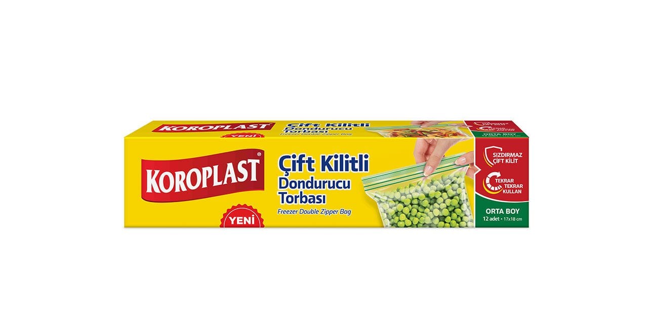 Koroplast Orta Boy Çift Kilitli Dondurucu Poşeti 12'li, Yıkanabilir & Sızdırmaz Çift Kilitli Dondurucu Torbası, Buzdolabı Poşeti