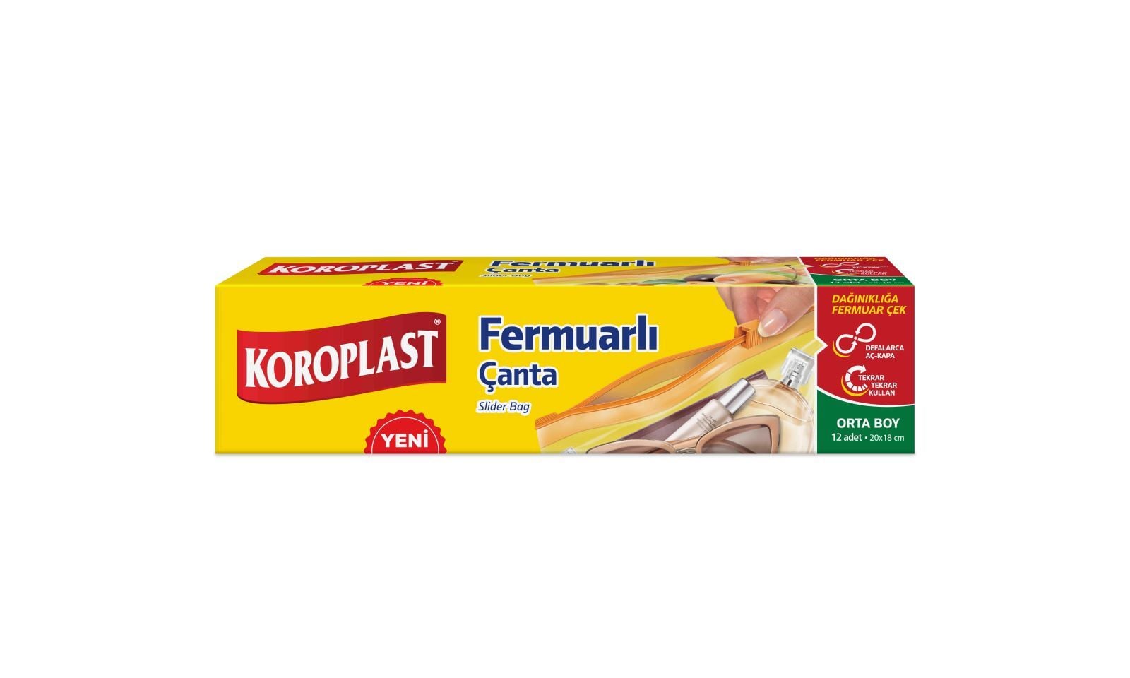 Koroplast Orta Boy Fermuarlı Çanta 12'li, Yıkanabilir Kilitli Poşet, Gıda Saklama Torbası, Güçlü Fermuarlı Makyaj Seyahat Çantası