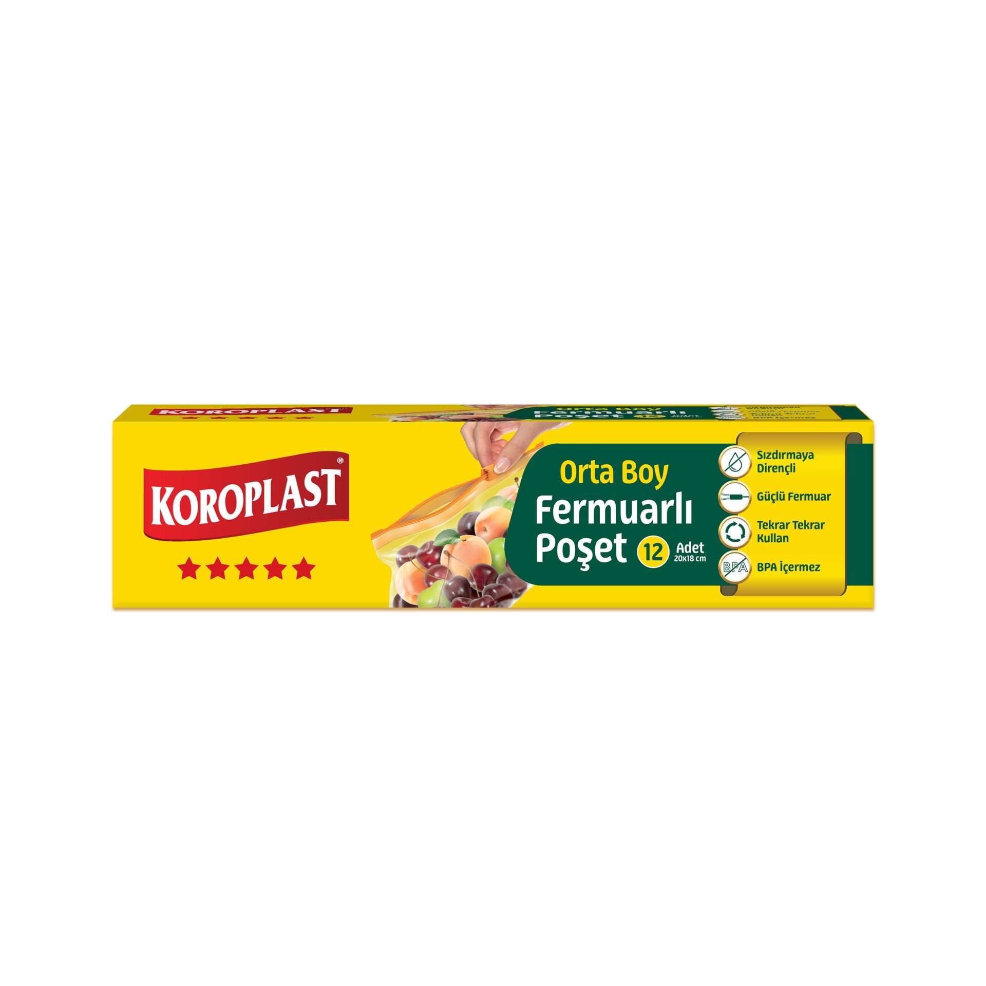 Koroplast Orta Boy Fermuarlı Çanta 12'li, Yıkanabilir Kilitli Poşet, Gıda Saklama Torbası, Güçlü Fermuarlı Makyaj Seyahat Çantası