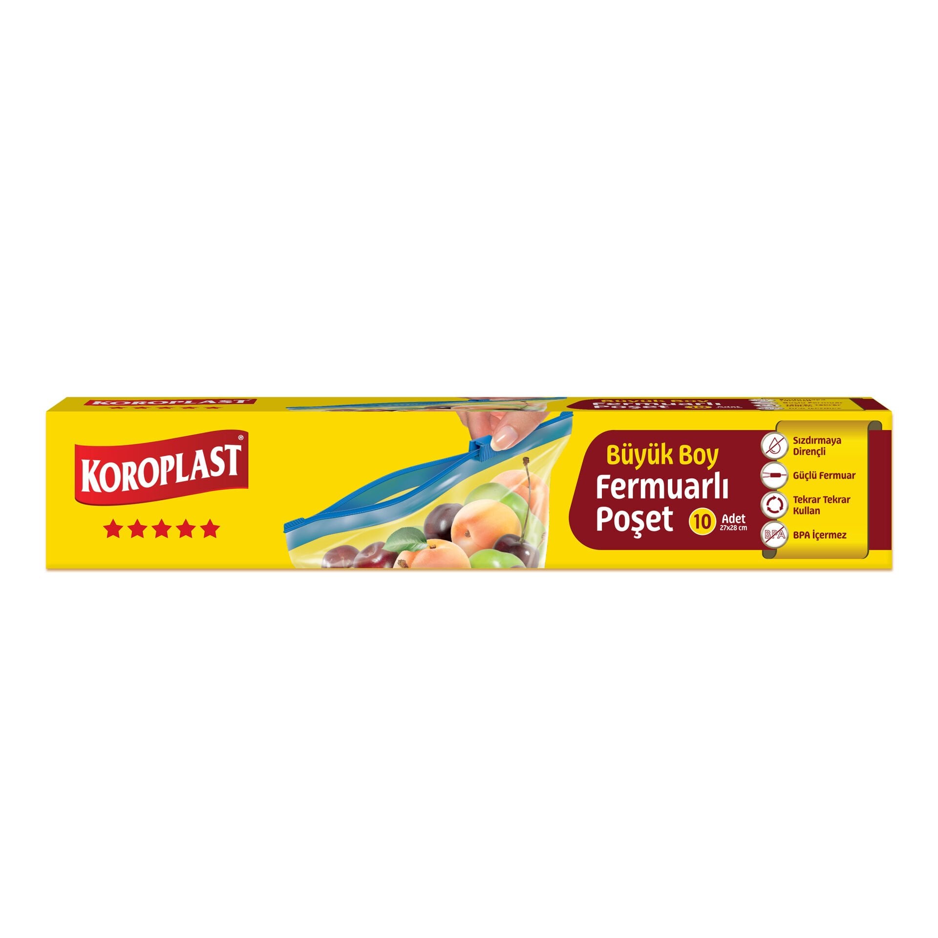 Koroplast Büyük Boy Fermuarlı Çanta 10'lu, Tekrar Kullanılabilir, Gıda Temasına Uygun, Seyahat, Kozmetik, Aksesuar Saklama Çantası