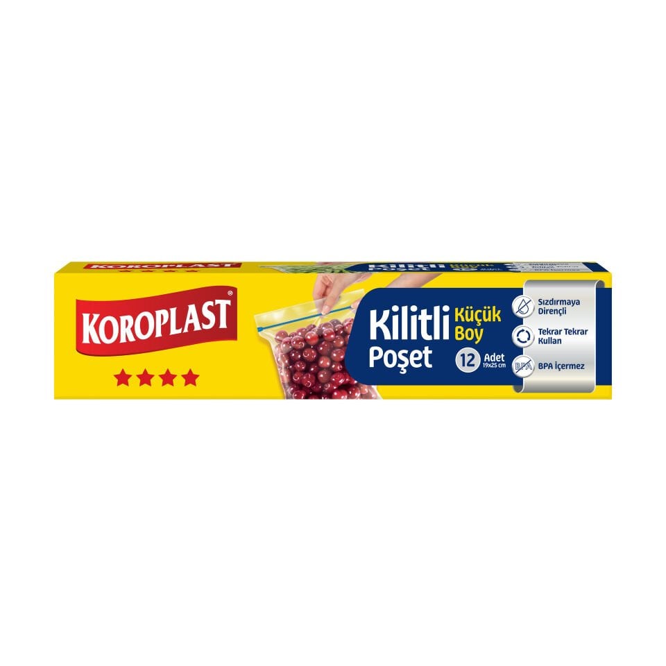 Koroplast Küçük Boy Kilitli Poşet 12'li, Yıkanabilir Kilitli Gıda Saklama Torbası, Sızdırmaya Koku Geçirmeye Dirençli Mutfak Poşet