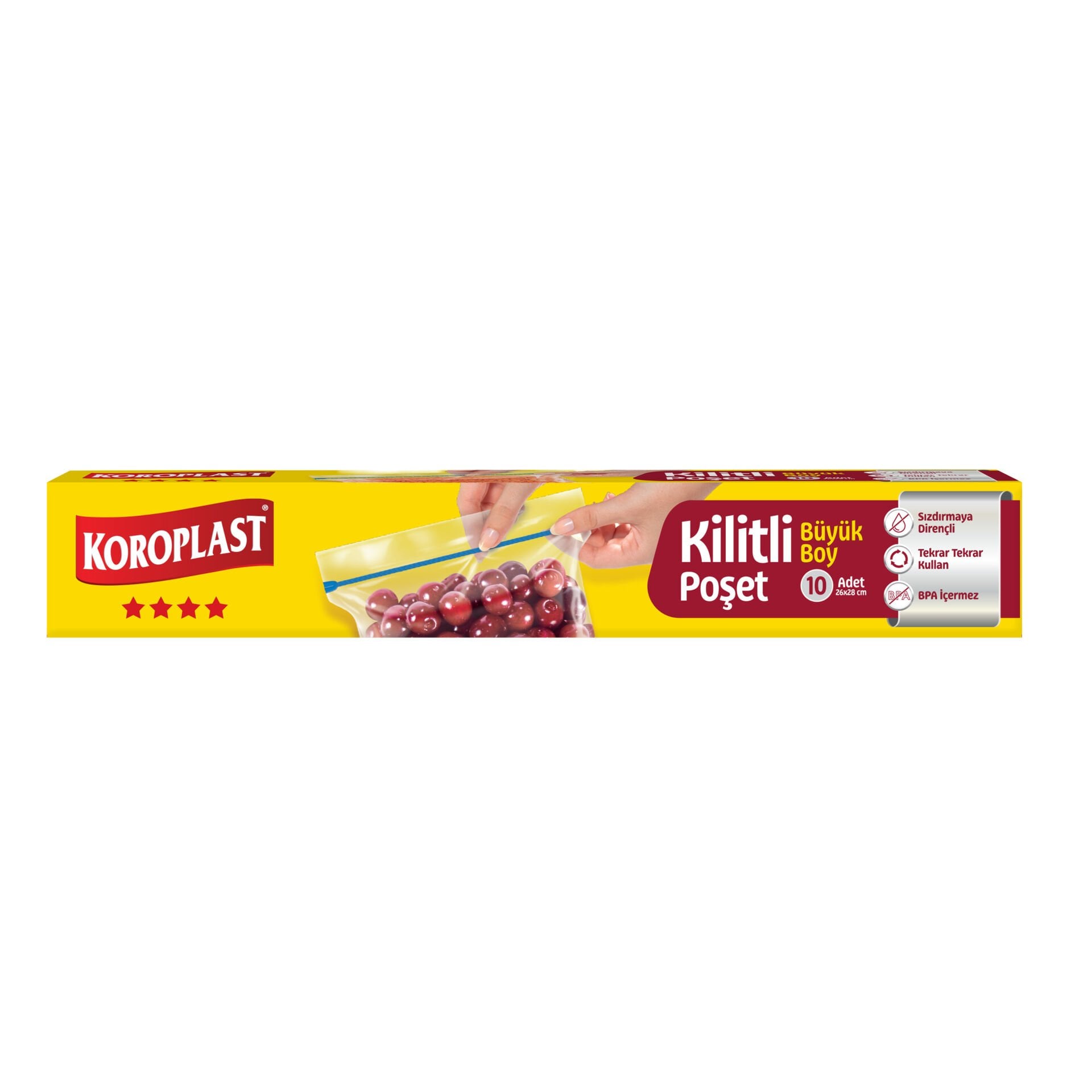 Koroplast Büyük Boy Kilitli Poşet 10'lu, Yıkanabilir Kilitli Gıda Saklama Torbası, Sızdırmaya Koku Geçirmeye Dirençli Mutfak Poşet