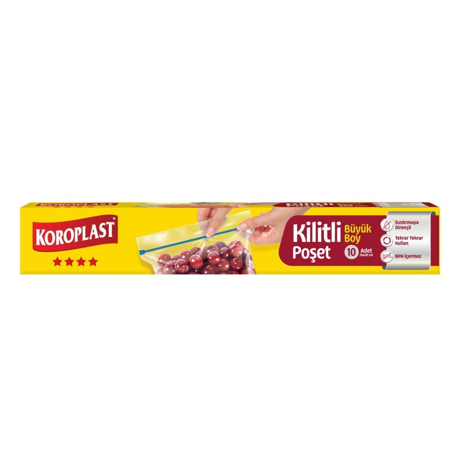 Koroplast Büyük Boy Kilitli Poşet 10'lu, Yıkanabilir Kilitli Gıda Saklama Torbası, Sızdırmaya Koku Geçirmeye Dirençli Mutfak Poşet