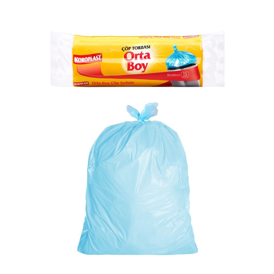 Koroplast Orta Çöp Poşeti 15'li, Güçlü Sızdırmaz & Yırtılmaz Dayanıklı Orta Boy Çöp Torbası, Ev-Mutfak, İşyeri için Çöp Poşeti