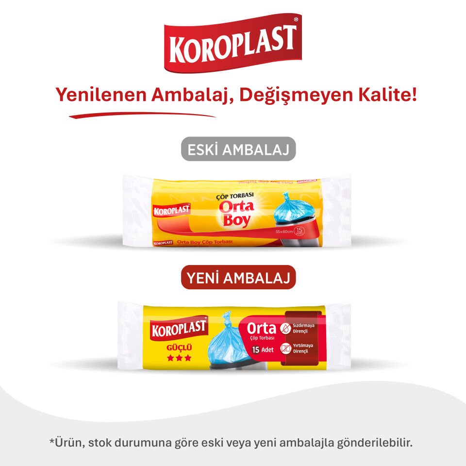 Koroplast Orta Çöp Poşeti 15'li, Güçlü Sızdırmaz & Yırtılmaz Dayanıklı Orta Boy Çöp Torbası, Ev-Mutfak, İşyeri için Çöp Poşeti