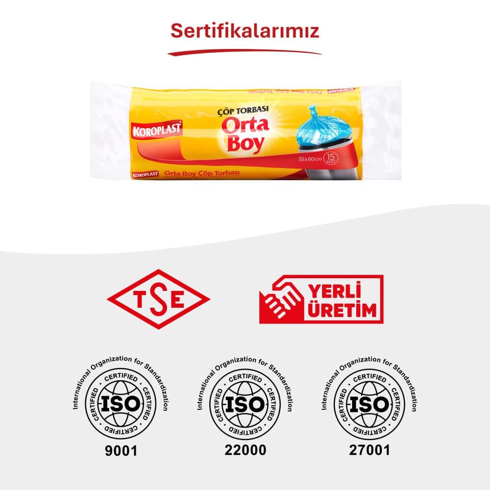 Koroplast Orta Çöp Poşeti 15'li, Güçlü Sızdırmaz & Yırtılmaz Dayanıklı Orta Boy Çöp Torbası, Ev-Mutfak, İşyeri için Çöp Poşeti