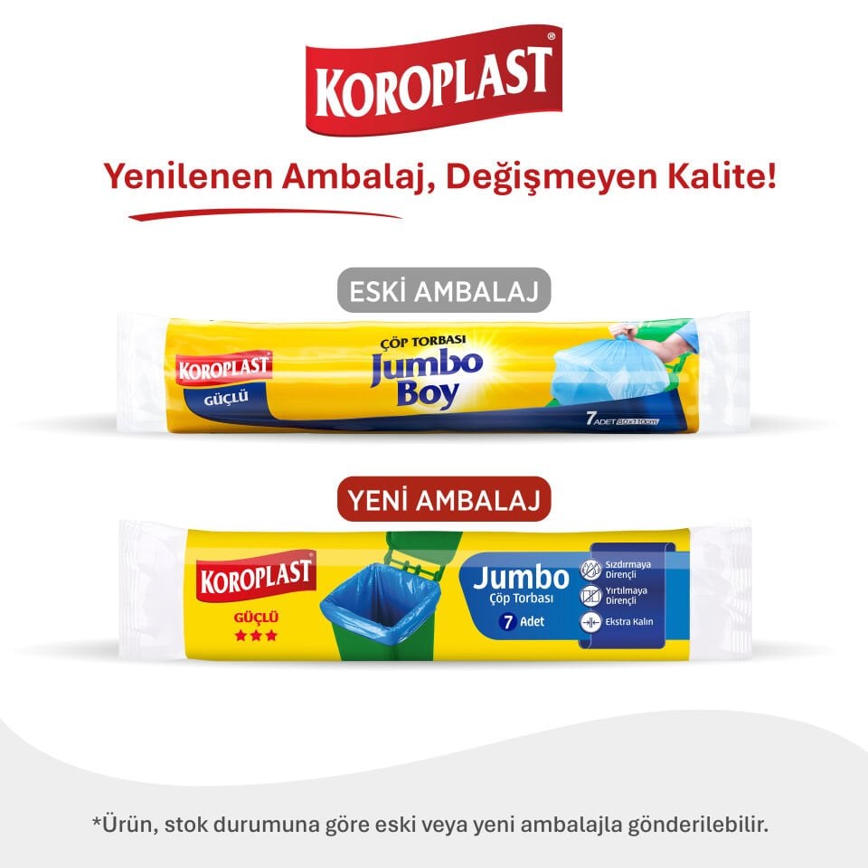 Koroplast Jumbo Çöp Poşeti 7'li, Kalın Sızdırmaz & Yırtılmaz Dayanıklı Jumbo Boy Çöp Torbası, Ev-Mutfak, İşyeri için Çöp Poşeti