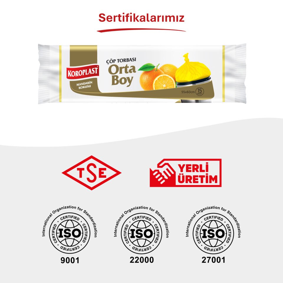 Koroplast Mandarin Kokulu Orta Çöp Poşeti 15'li, Güçlü Sızdırmaz & Yırtılmaz Orta Boy Çöp Torbası, Ev-Mutfak, İşyeri Çöp Poşeti