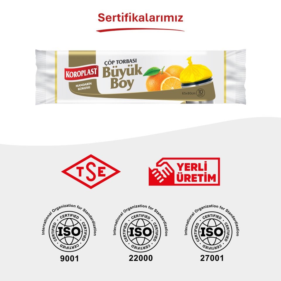 Koroplast Mandarin Kokulu Büyük Çöp Poşeti 10'lu, Güçlü Sızdırmaz & Yırtılmaz Büyük Boy Çöp Torbası, Ev-Mutfak, İşyeri Çöp Poşeti