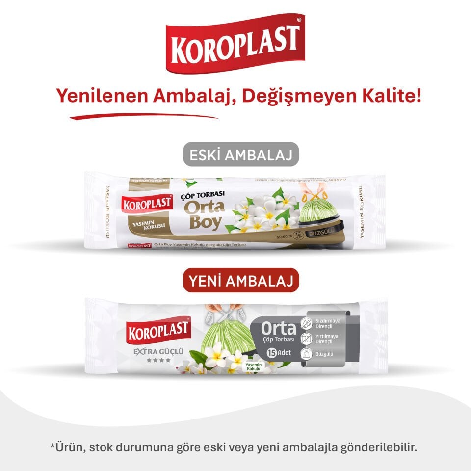 Koroplast Büzgülü Yasemin Kokulu Orta Çöp Poşeti 15'li, Ekstra Güçlü Yırtılmaz&Sızdırmaz, Kolay Bağlanır Büzgülü Orta Çöp Torbası