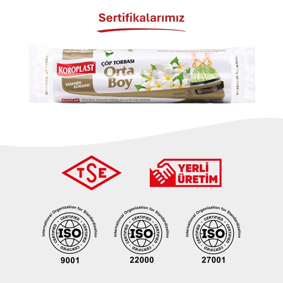 Koroplast Büzgülü Yasemin Kokulu Orta Çöp Poşeti 15'li, Ekstra Güçlü Yırtılmaz&Sızdırmaz, Kolay Bağlanır Büzgülü Orta Çöp Torbası