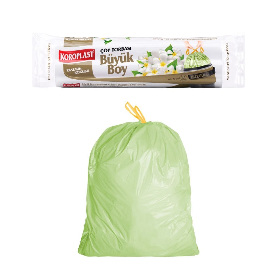 Koroplast Büzgülü Yasemin Kokulu Büyük Çöp Poşeti 10'lu, Ekstra Güçlü Yırtılmaz&Sızdırmaz Kolay Bağlanır Büzgülü Büyük Çöp Torbası