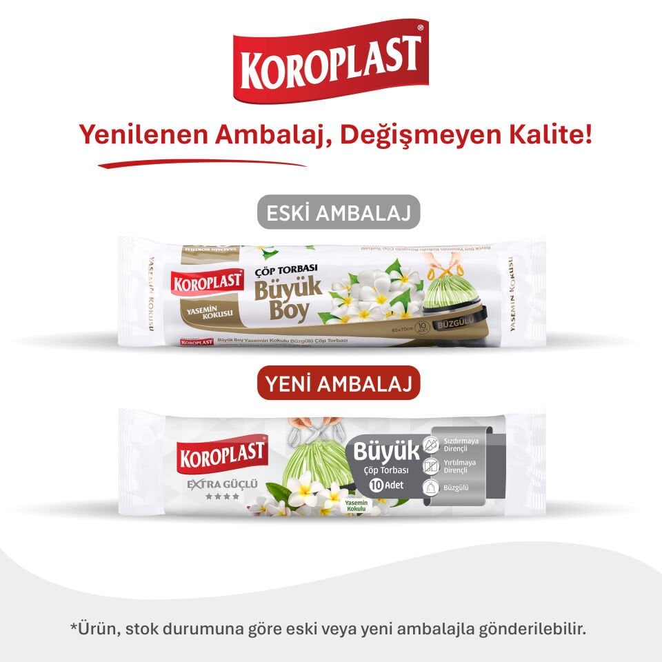 Koroplast Büzgülü Yasemin Kokulu Büyük Çöp Poşeti 10'lu, Ekstra Güçlü Yırtılmaz&Sızdırmaz Kolay Bağlanır Büzgülü Büyük Çöp Torbası