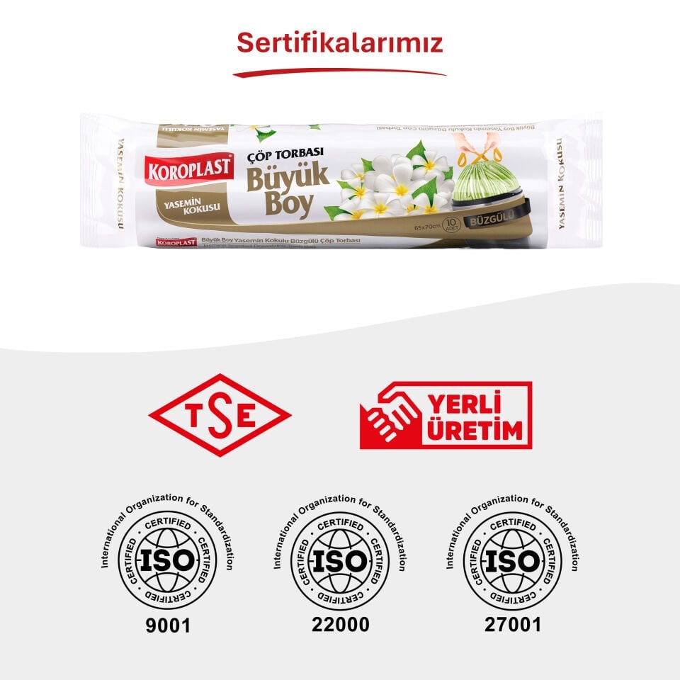 Koroplast Büzgülü Yasemin Kokulu Büyük Çöp Poşeti 10'lu, Ekstra Güçlü Yırtılmaz&Sızdırmaz Kolay Bağlanır Büzgülü Büyük Çöp Torbası