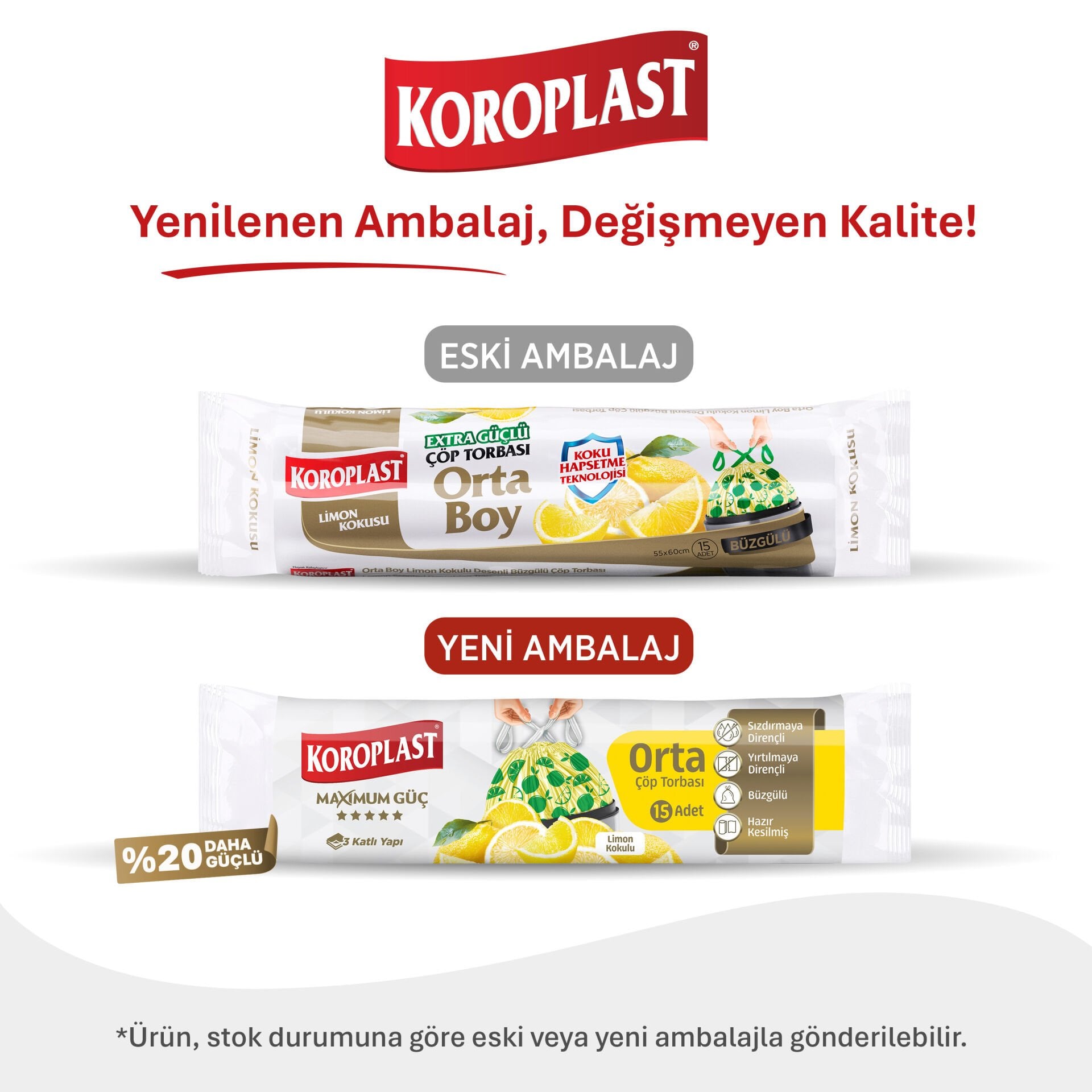 Koroplast Limon Kokulu Büzgülü Orta Boy Çöp Torbası 15 Adet