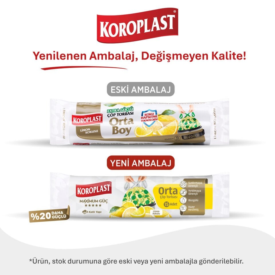 Koroplast Büzgülü Limon Kokulu Orta Çöp Poşeti 15'li, Hazır Kesilmiş, Maximum Güç Yırtılmaz & Sızdırmaz Büzgülü Orta Çöp Torbası