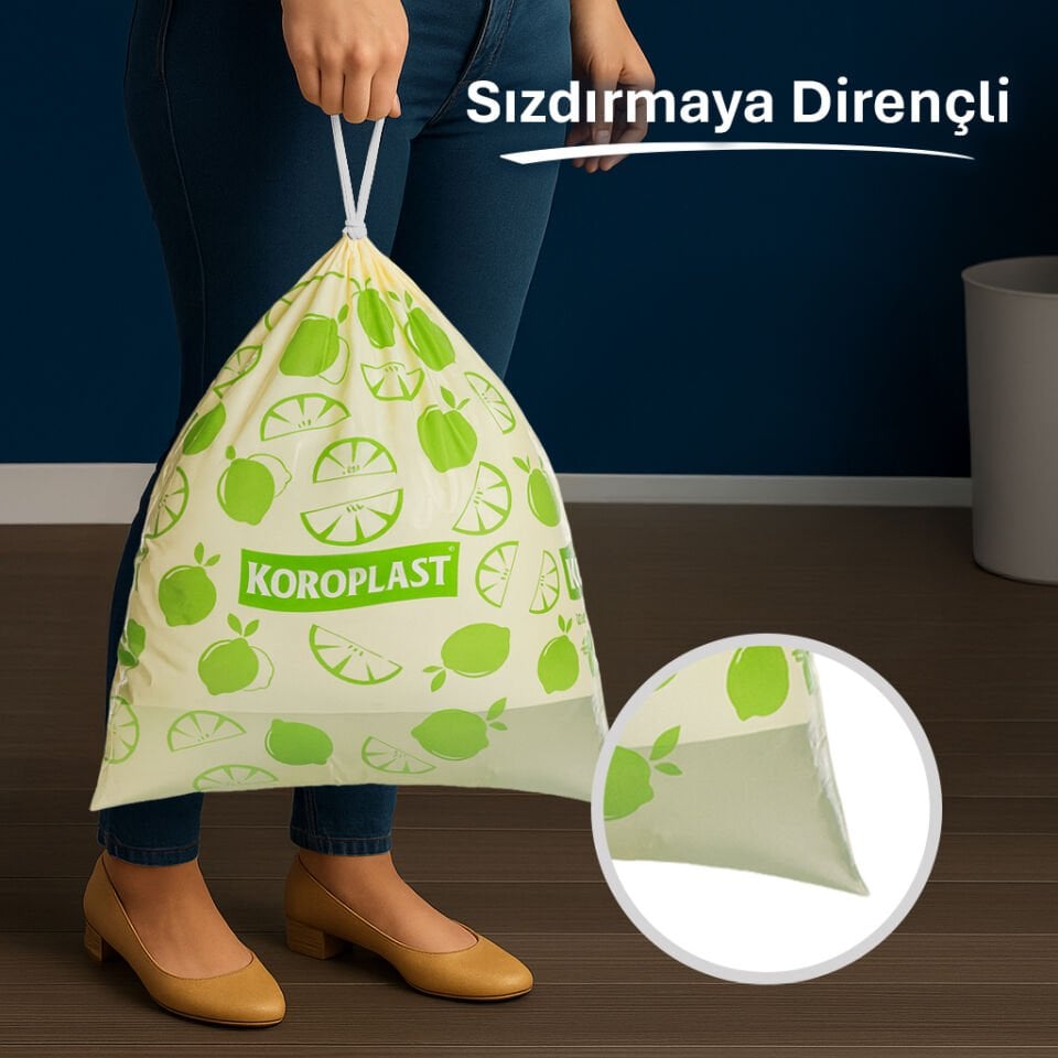 Koroplast Büzgülü Limon Kokulu Orta Çöp Poşeti 15'li, Hazır Kesilmiş, Maximum Güç Yırtılmaz & Sızdırmaz Büzgülü Orta Çöp Torbası