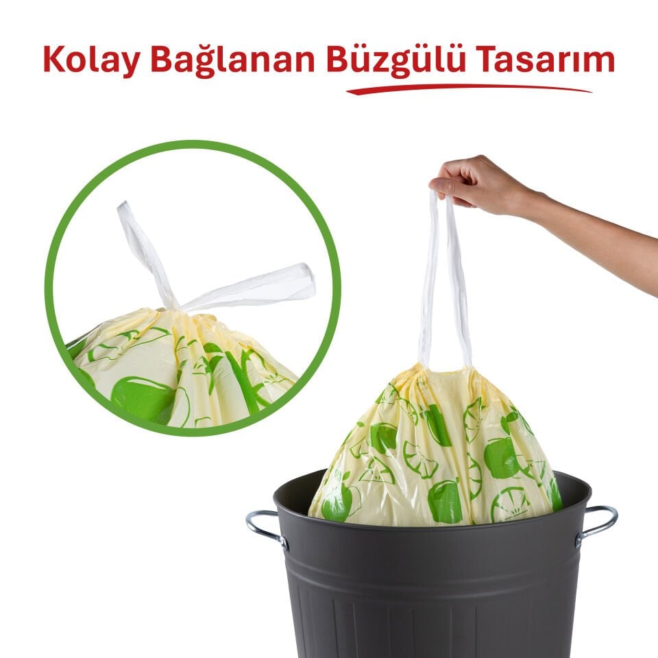 Koroplast Büzgülü Limon Kokulu Orta Çöp Poşeti 15'li, Hazır Kesilmiş, Maximum Güç Yırtılmaz & Sızdırmaz Büzgülü Orta Çöp Torbası