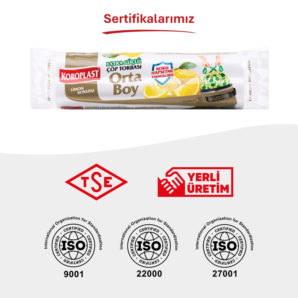 Koroplast Büzgülü Limon Kokulu Orta Çöp Poşeti 15'li, Hazır Kesilmiş, Maximum Güç Yırtılmaz & Sızdırmaz Büzgülü Orta Çöp Torbası