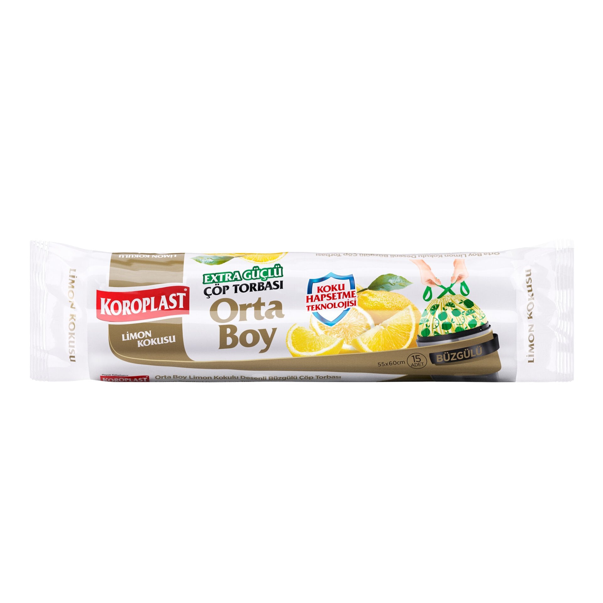 Koroplast Büzgülü Limon Kokulu Orta Çöp Poşeti 15'li, Hazır Kesilmiş, Maximum Güç Yırtılmaz & Sızdırmaz Büzgülü Orta Çöp Torbası