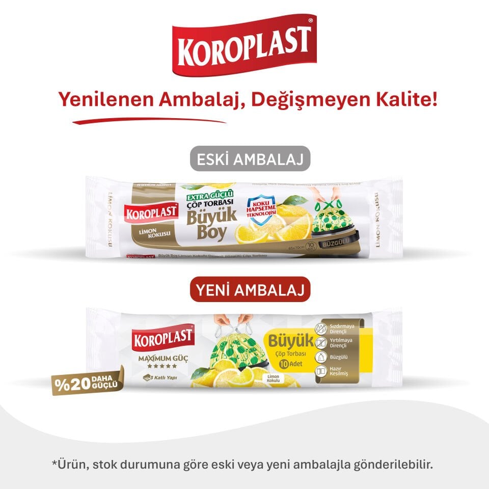 Koroplast Büzgülü Limon Kokulu Büyük Çöp Poşeti 10'lu, Hazır Kesilmiş, Maximum Güç Yırtılmaz & Sızdırmaz Büzgülü Büyük Çöp Torbası
