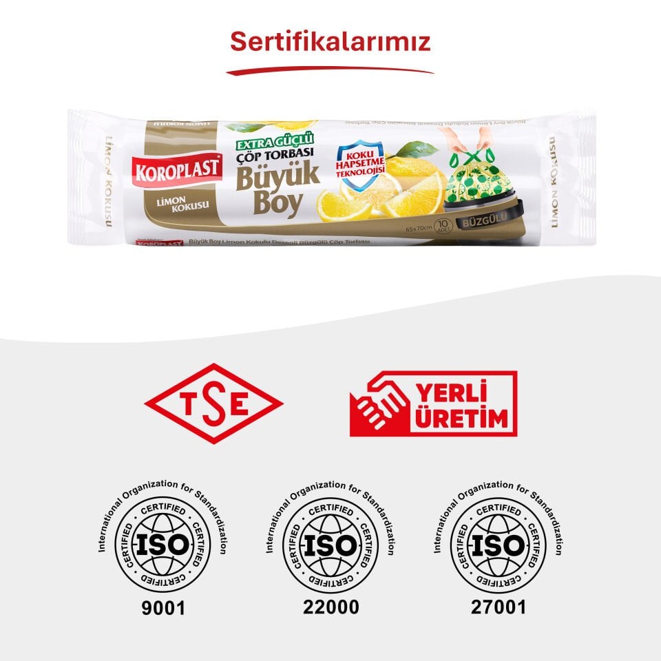 Koroplast Limon Kokulu Büzgülü Büyük Boy Çöp Torbası 10 Adet