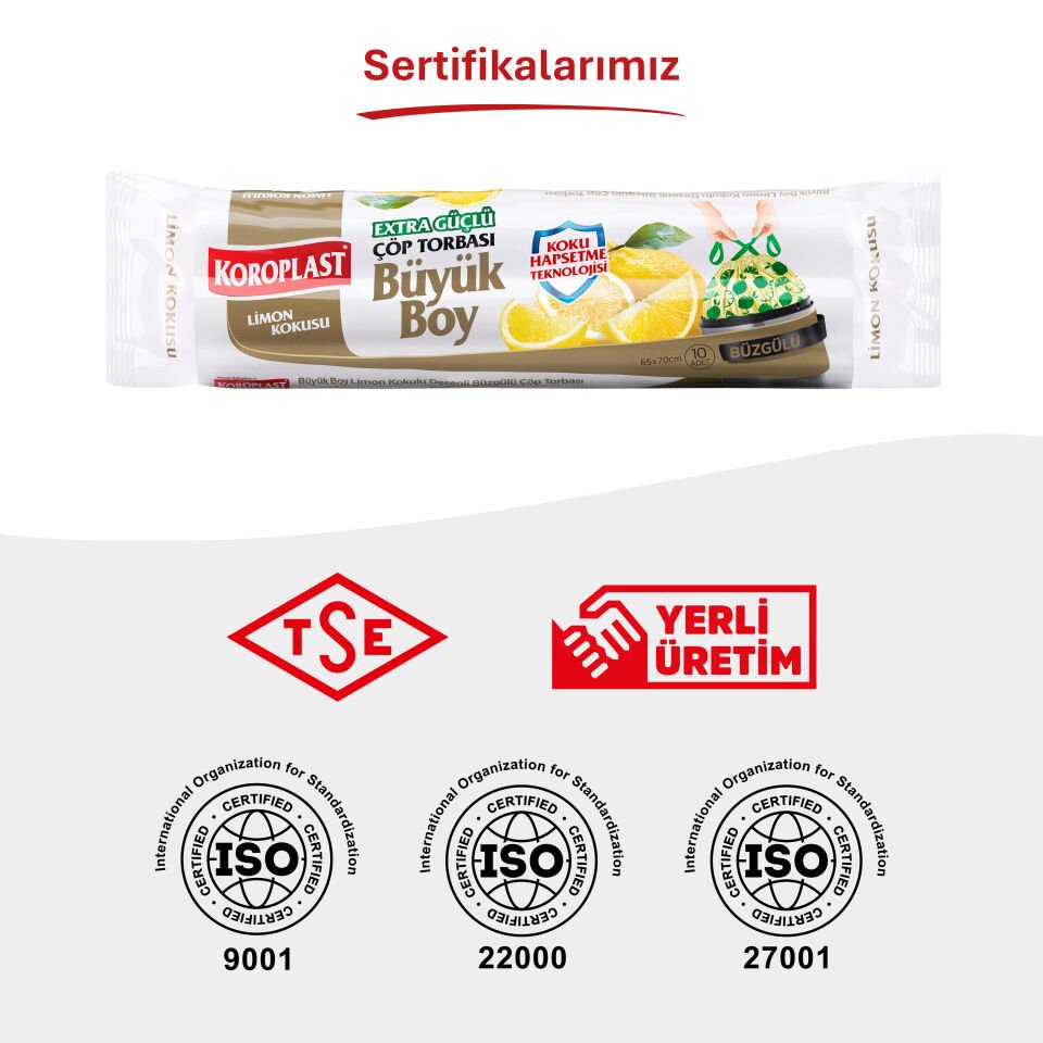 Koroplast Büzgülü Limon Kokulu Büyük Çöp Poşeti 10'lu, Hazır Kesilmiş, Maximum Güç Yırtılmaz & Sızdırmaz Büzgülü Büyük Çöp Torbası