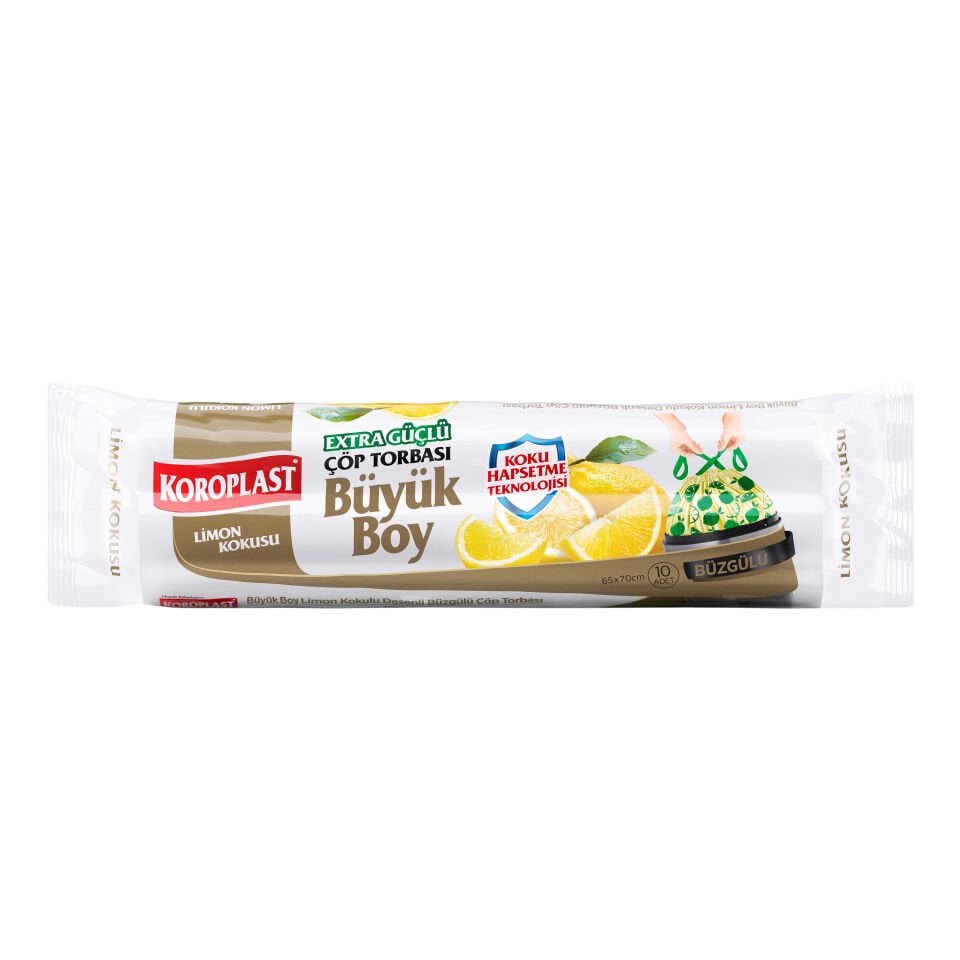 Koroplast Büzgülü Limon Kokulu Büyük Çöp Poşeti 10'lu, Hazır Kesilmiş, Maximum Güç Yırtılmaz & Sızdırmaz Büzgülü Büyük Çöp Torbası