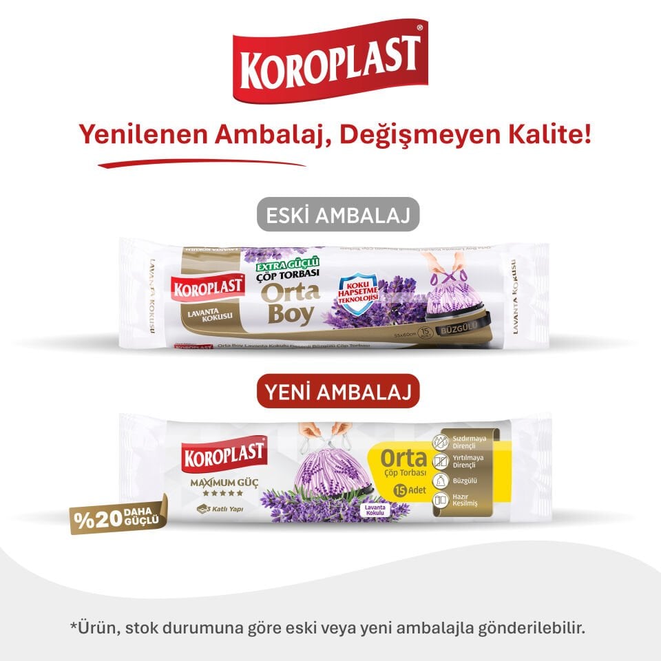 Koroplast Lavanta Kokulu Büzgülü Orta Boy Çöp Torbası 15 Adet