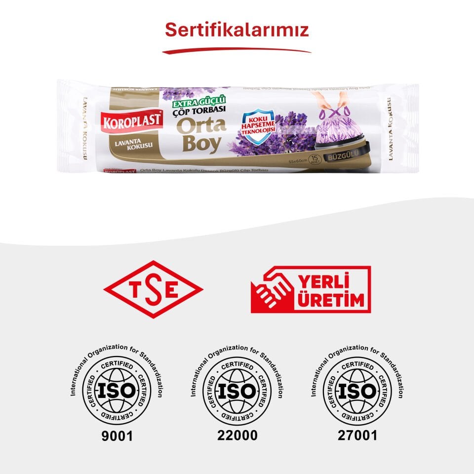 Koroplast Lavanta Kokulu Büzgülü Orta Boy Çöp Torbası 15 Adet