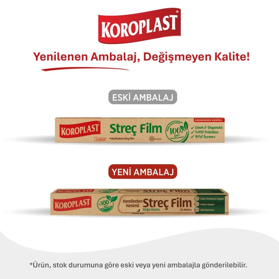 Koroplast Doğa Dostu Streç Film 25 metre, Şeffaf Gıda Saklama Streci, Koku Hapsi için Taze Gıda Saklama Kullan At Streç Film 25 mt