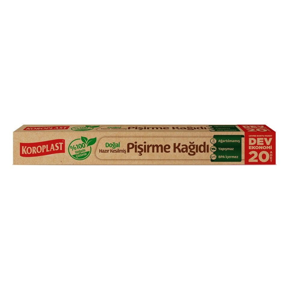 Koroplast Doğal Hazır Kesilmiş Pişirme Kağıdı 20'li, Ağartılmamış, Yanmaz Yapışmaz 220 C° Isıya Dayanan Hazır Fırın Pişirme Kağıdı, Vegan
